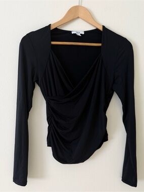 Bar III Black Draped Long Sleeve Top with Side Ruching